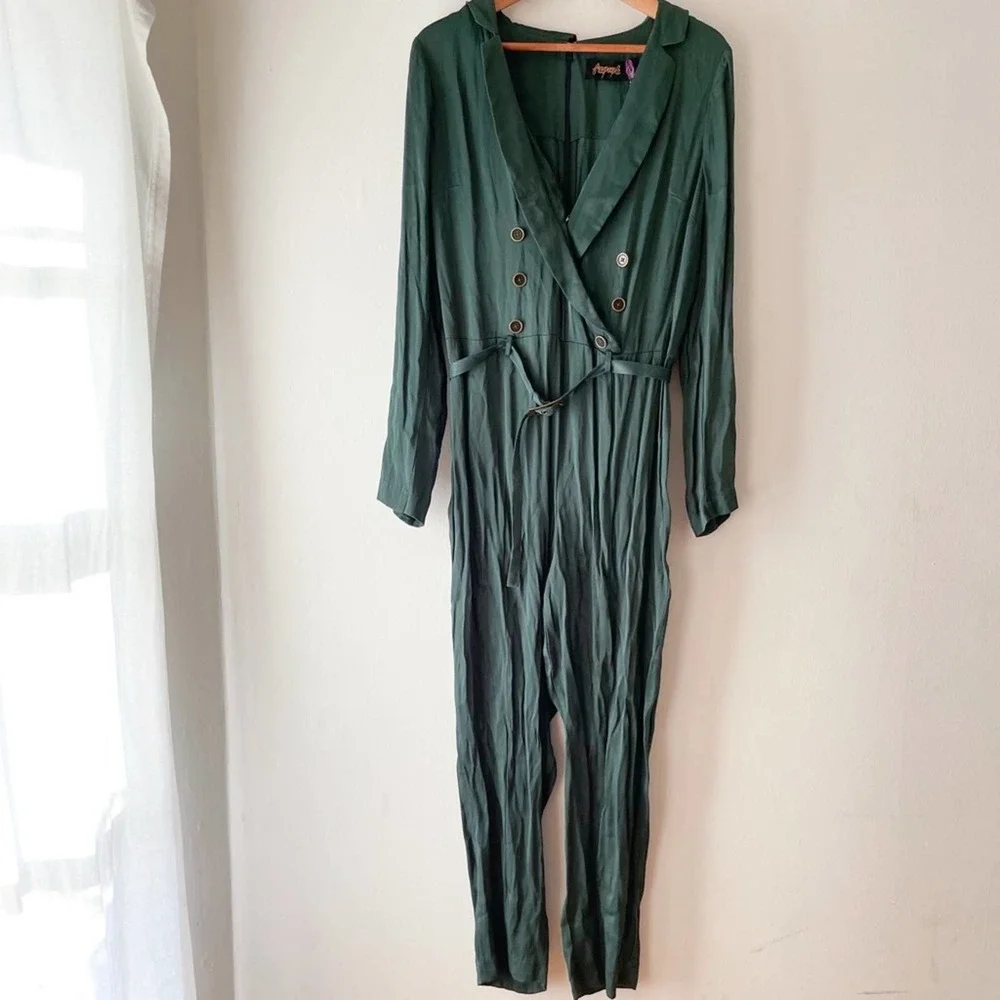 Free People Emerald Green Satin Jumpsuit